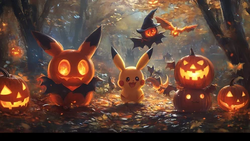 Pikachu stands among carved jack o lanterns in autumn forest