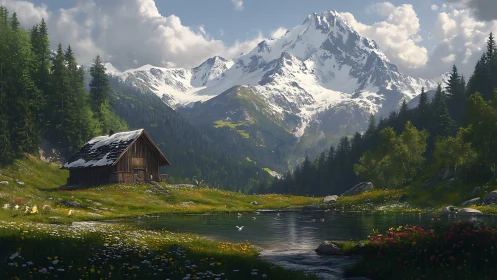 Wooden cabin beside alpine lake under snowy mountain peak.