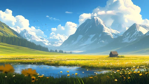 Sunlit alpine meadow and lake below towering peaks.