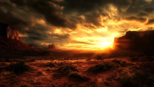 Sunfire horizon over sculpted desert mesas at dusk.