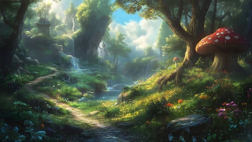Enchanted Forest Valley with Giant Mushroom.