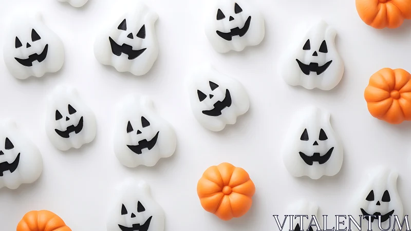 Halloween Ghost Decorations Arranged with Orange Pumpkins