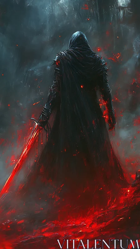 Shrouded warlord with blazing sword in infernal stormscape.