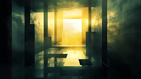 Brutalist Corridor with Luminous Exit Portal.