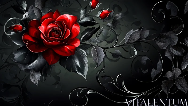 Crimson Rose with Baroque Scrollwork Against Dark Gradient Background