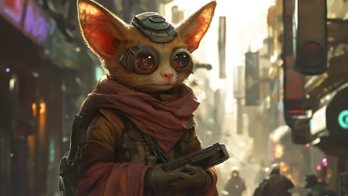 Cyberpunk fox mercenary stands armed in neon city street