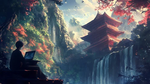 Digital nomad studies waterfall temple within luminous forest valley