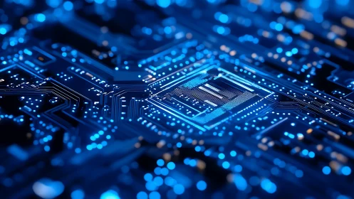Illuminated microchip die rendered on high density blue PCB traces