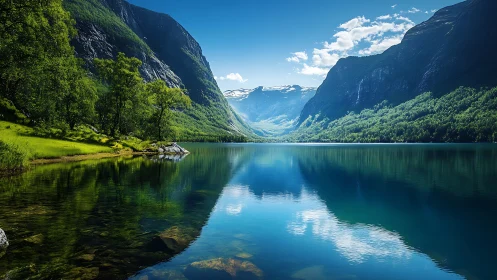 Glacial valley lake with bilateral reflection symmetry rendering.