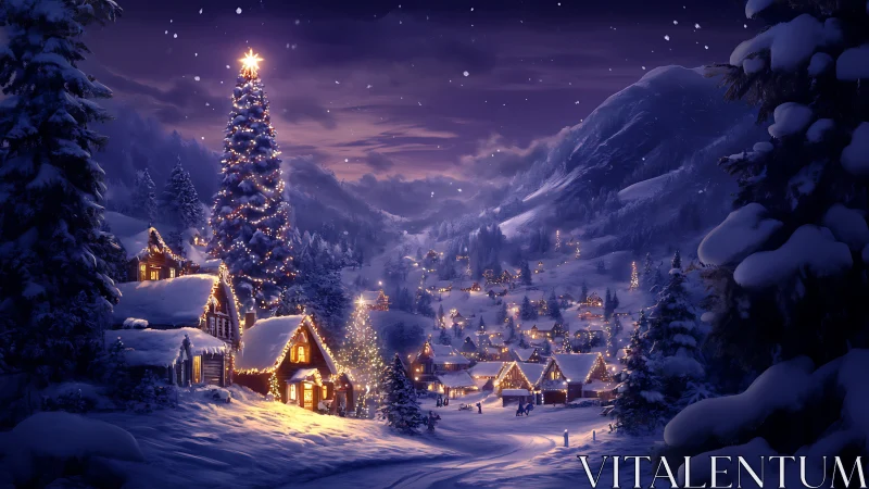 Snow covered village shows illuminated Christmas tree at night