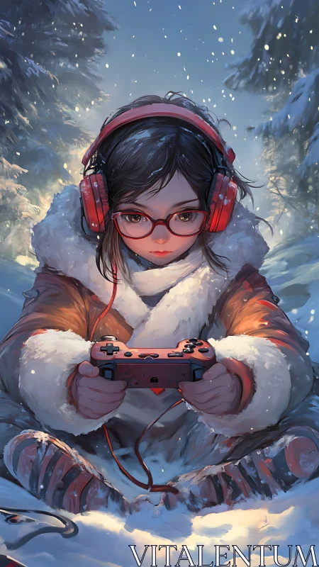 Snowfield gamer with red headset and controller focus lock.
