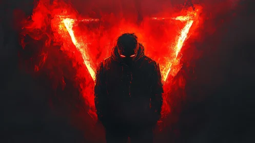 Silhouetted hooded figure before burning red triangle form.