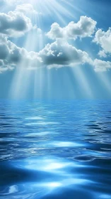 Sunlit cumulus clouds over reflective azure ocean surface.