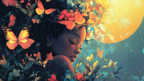 Moonlit butterflies crown a dreaming girl in painted hush