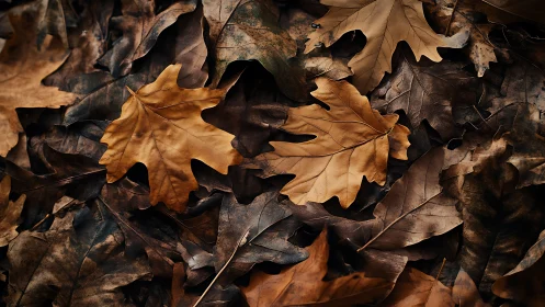 Crisp oak leaves scattered in rich autumnal layers.