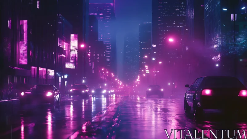 Neon-lit city street at night reflects on wet asphalt surface