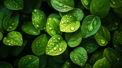 Gentle morning raindrops rest quietly on fresh green leaves