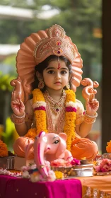 Child in ornate Ganesha costume with floral garlands and props