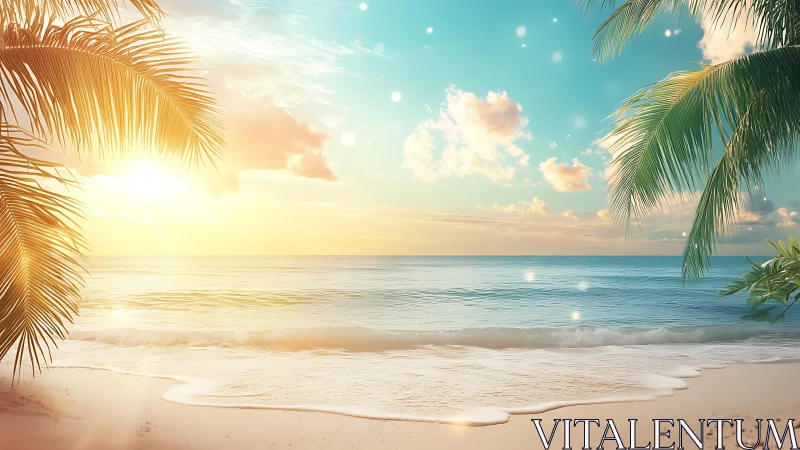 Sunlit palms whisper as pastel waves polish the quiet shore