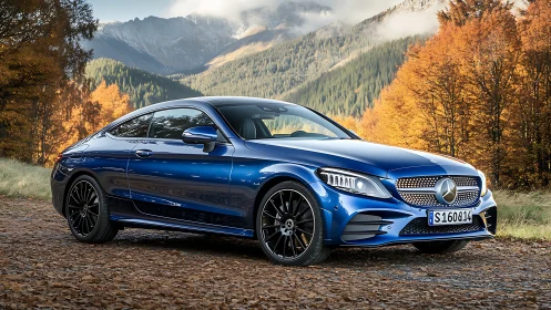 Blue luxury coupe stands on mountain road in autumn forest