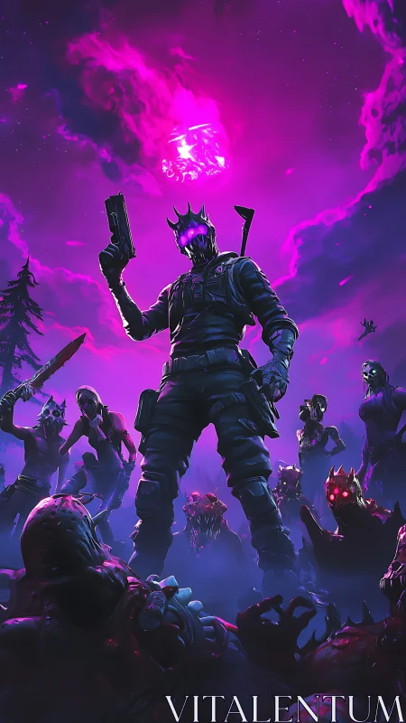 Neon void warrior commands horde under fractured sky.