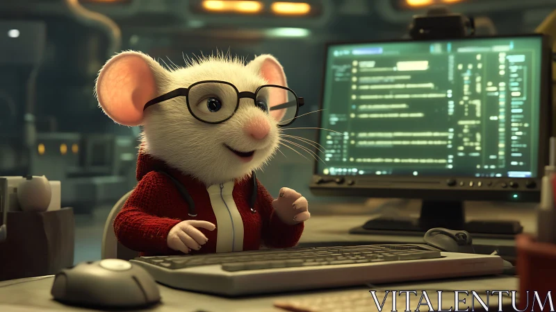 Coder mouse in hoodie at glowing workstation desk.