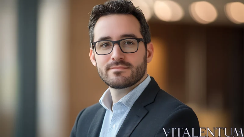 Confident young professional stands in warm modern office