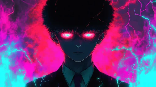 Neon lit anime figure with glowing eyes and electric aura.