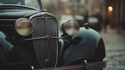Rain-kissed vintage sedan waiting in golden foggy streets.