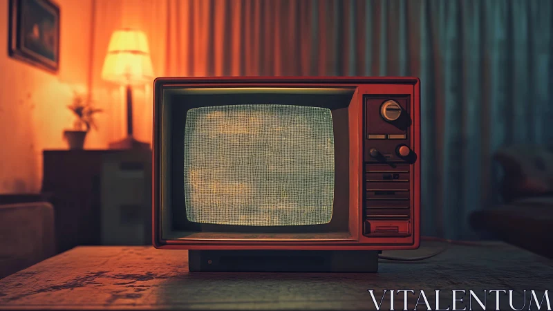 Vintage CRT television in dim living room interior setting.