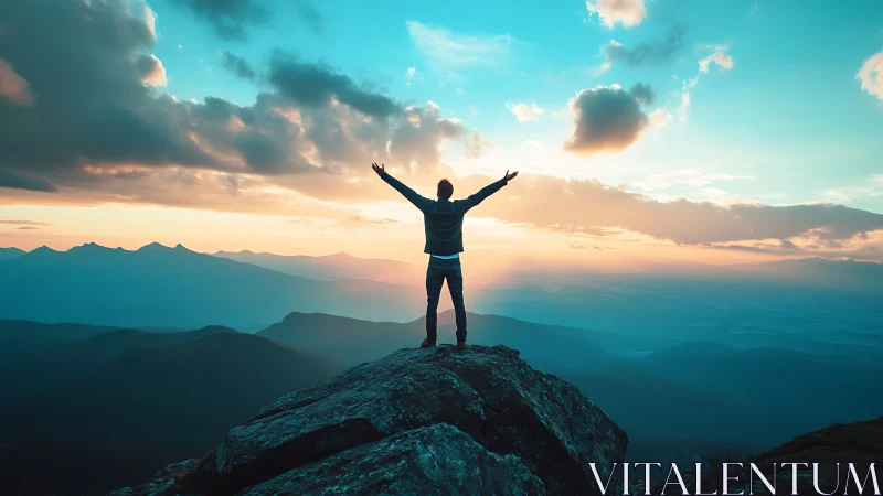 Sunrise triumph on mountain summit with glowing horizon.