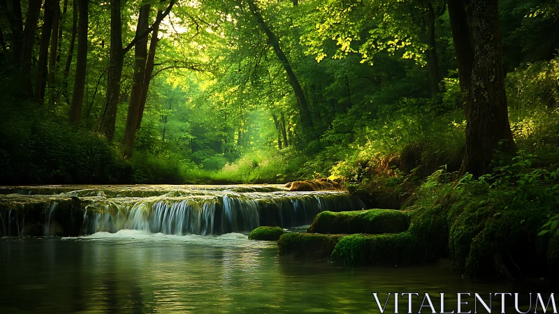Forest Stream Cascades Through Verdant Woodland Canopy.