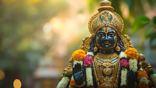 Golden temple deity framed by marigolds and soft morning light.