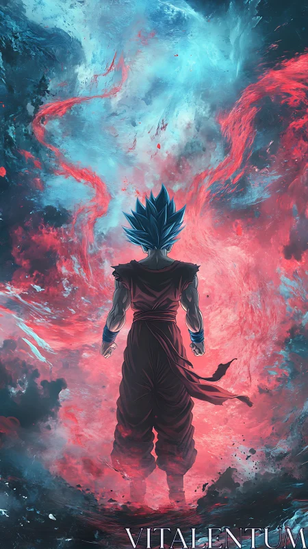 Blue haired warrior stands in swirling red blue energy.