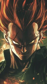 Storm-eyed warrior blazing beneath ember-torn skies.