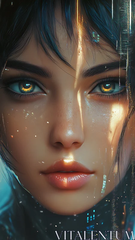 Cybernetic portrait with luminous teal irises and rainlit skin