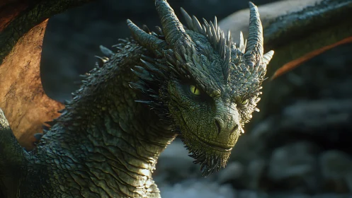 Green scaled dragon close-up with focused yellow eyes.