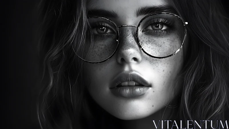Monochrome close-up portrait of young woman with glasses.