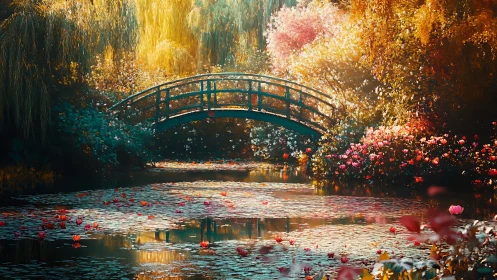 Sunlit garden bridge spans lily pond under golden trees.