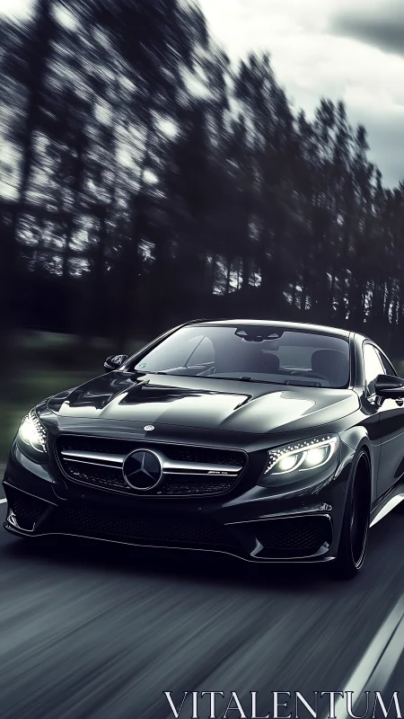 High-gloss black Mercedes coupe captured in dynamic motion blur