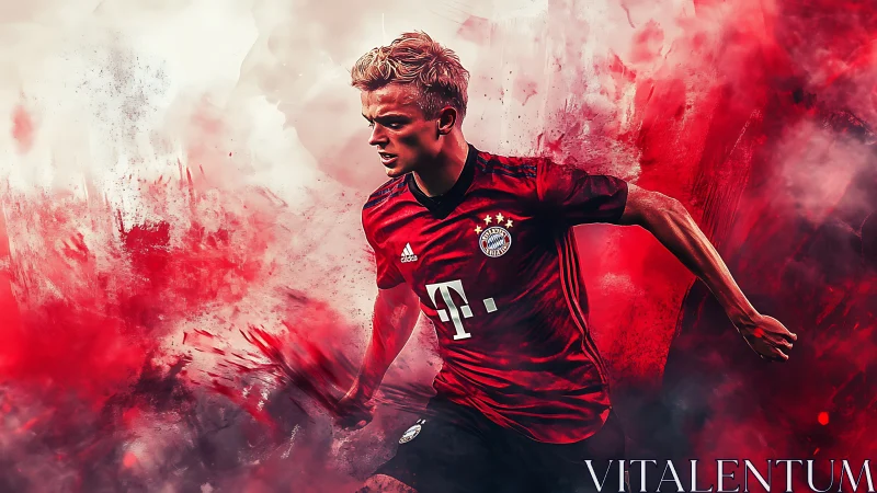 Soccer player sprinting in red kit amid abstract clouds.
