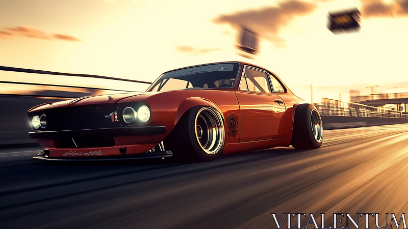 Low-slung orange drift car blurs across a sunlit highway.
