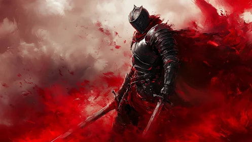 Armored swordsman stands in red particulate abstract field