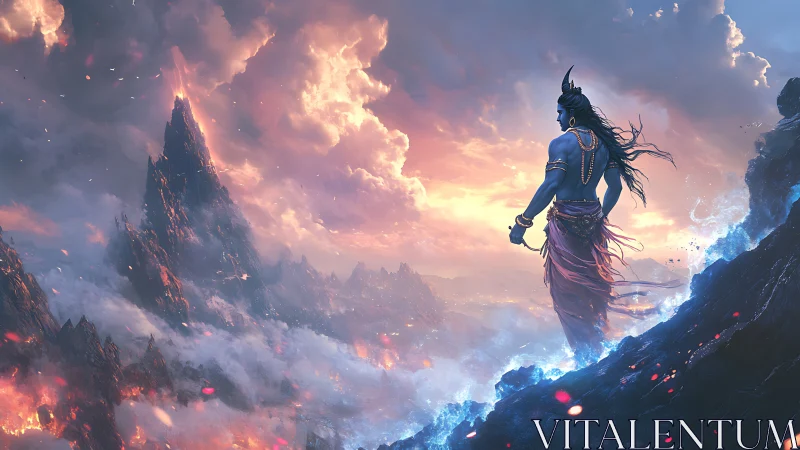 Blue-skinned figure on volcanic slope facing erupting peak.