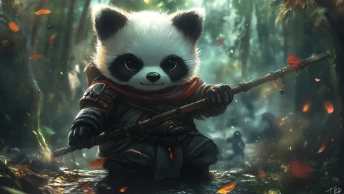 Panda warrior holding staff in misty autumn forest scene.