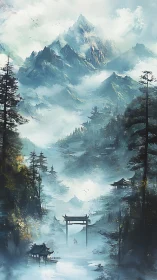 Misty alpine peaks over tranquil torii gate river valley