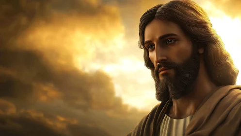 Serene robed man rendered against glowing golden sky