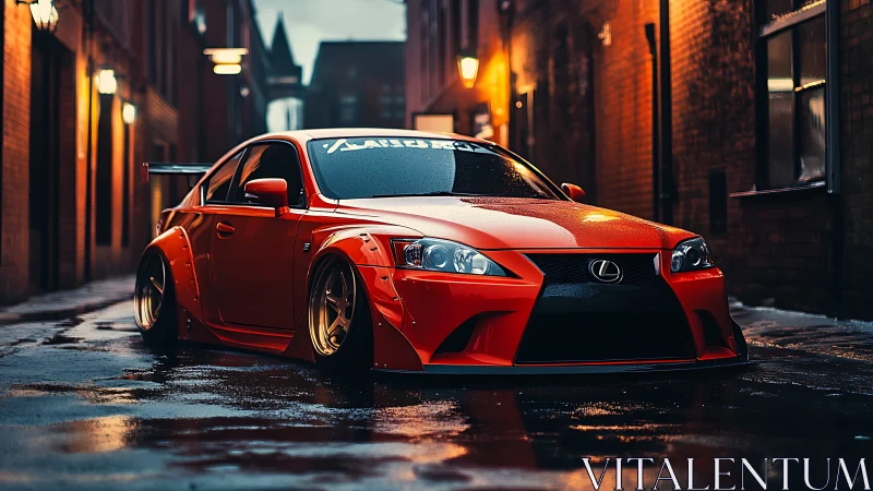 Widebody Lexus sedan on wet urban alley at night.