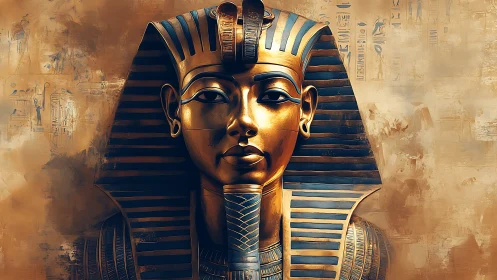 Golden Egyptian pharaoh mask against hieroglyphic wall.