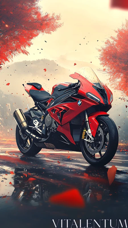 Crimson sport bike resting beneath a storm of autumn fire.